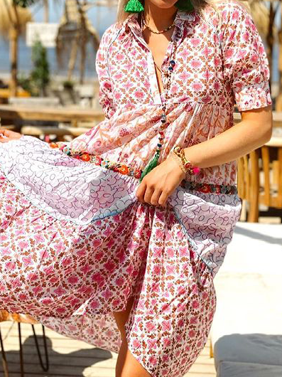 Shirt Collar Short sleeve Woven Dress, Fuchsia, Mini Dresses