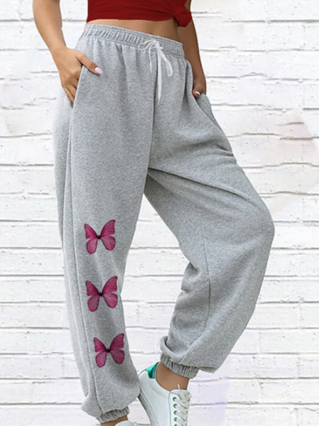 Butterfly Print Pocket Print Full-Length Sports Sports Sports Pants Gym Track Sports Sports Sports Pants Sports Sports Sports Pants, Light gray, Pants