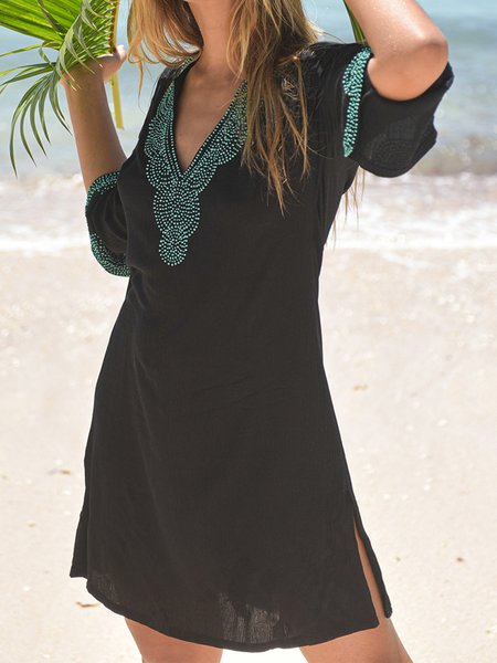 Loosen Casual V Neck Short sleeve Woven Dress, Black, Mini Dresses