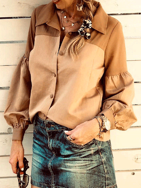 Buttoned Lapel Loosen Long Sleeve Blouse, Brown, Blouses & Shirts
