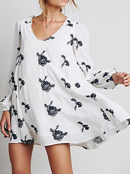 Boho Floral V Neck Dresses, White, Mini Dresses