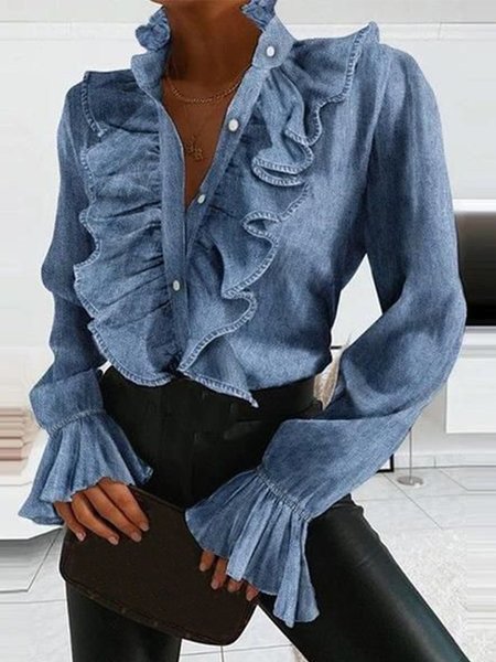 Shirt Collar Solid Casual Flouncing Top, Blue, Blouses and Shirts