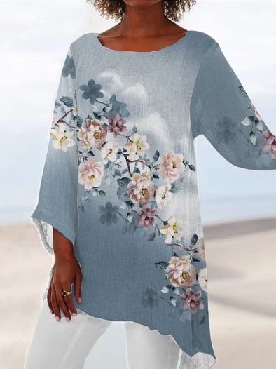 Vacation Floral Shirts & Tops, Gray, Long sleeve tops