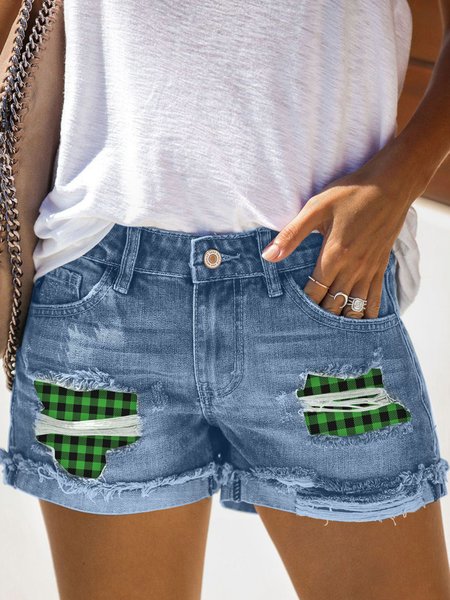 Casual Holiday Checked Zipper Jean Shorts, Blue, Shorts 
Casual Holiday Checked Zipper Jean Shorts, Blue, Shorts