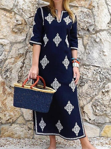 Loosen Casual Tribal Dresses, Deep blue, Dresses