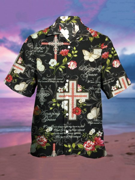 Mens Easter Jesus Crucifix Print Casual Breathable Short Sleeve Hawaiian Shirts, Black, Men's Floral shirt