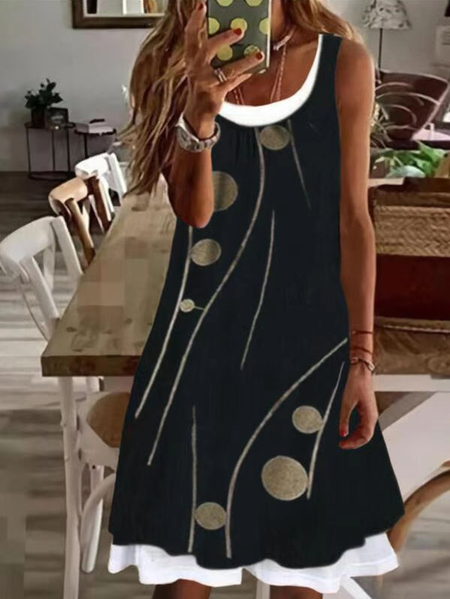 Casual Loosen Crew Neck Geometric Dresses, Black, Dresses