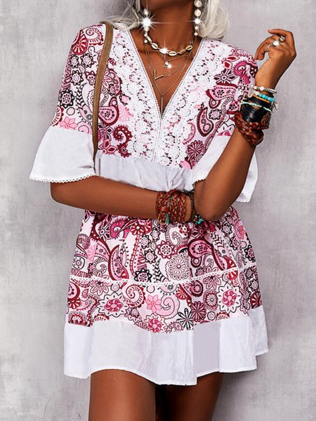 Casual Half Sleeve V Neck Plus Size Printed Dress, As picture, Mini Dresses