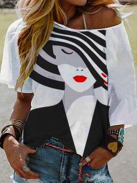 Figure Printed Casual Loosen Boat Raglan Sleeve Neck Cotton Blends Shirts & Tops, White, T-Shirts