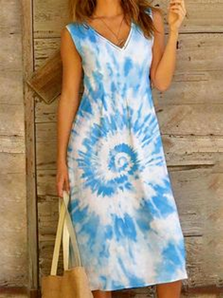 Ombre Cotton Blends V Neck Short sleeve Woven Dress, Blue, Dresses