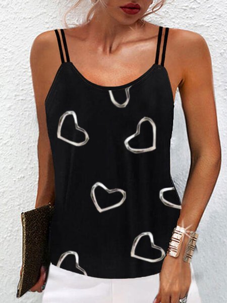 Casual Crew Neck Heart Vests, Black, Tank Top