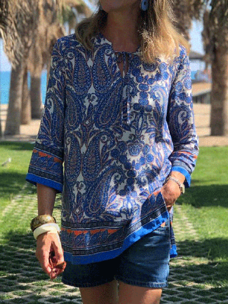 Boho Paisley Print Lace-Up Top, Blue, Tops
Boho Paisley Print Lace-Up Top, Blue, Tops