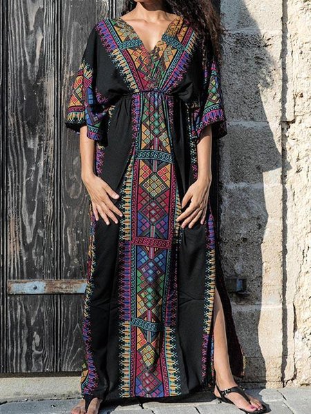 Geometric Tribal Printed Boho Loosen Half Sleeve V Neck Dresses, Black, Maxi Dresses
Geometric Tribal Printed Boho Loosen Half Sleeve V Neck Dresses, Black, Maxi Dresses