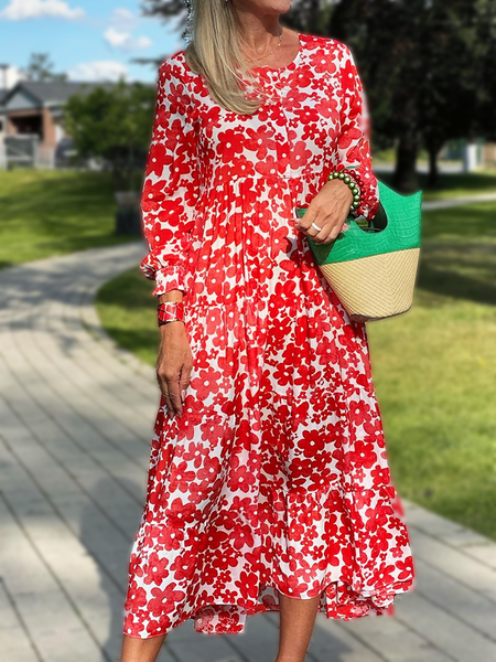 Romantic Casual 3/4 Sleeve Printed Midi Dress, Red, Midi Dresses