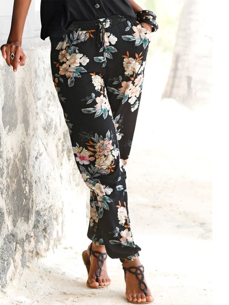 Floral Printed Casual Trousers, Black, Pants