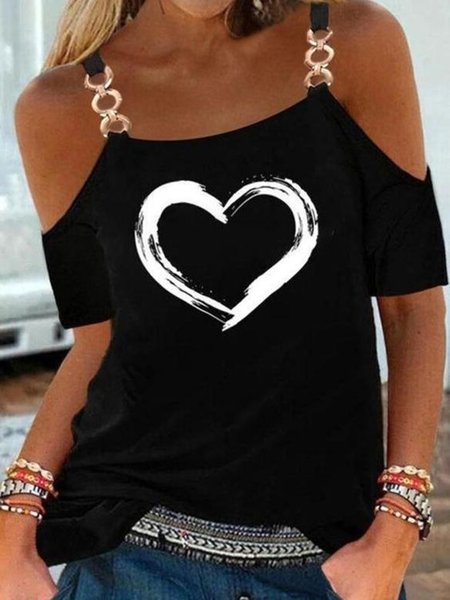 Heart Printed Off The Shoulder Metal Casual Shirts & Tops, Black, T-Shirts