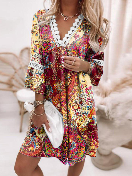 Boho Tribal V Neck Short sleeve Woven Dress, Multicolor, Mini Dresses