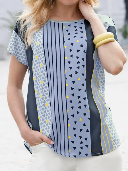 Crew Neck Striped Short sleeve tops, Blue, Tops