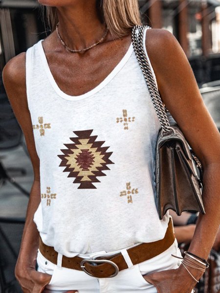 Round Neck Vacation Regular Fit Geometric Vests, White, Tank Tops & Camis