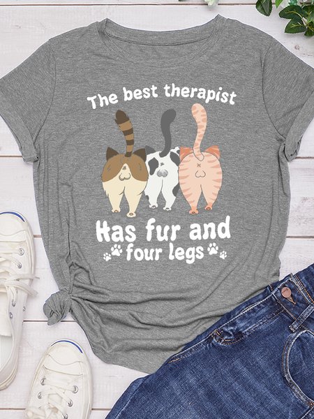 Cat Lover Letter Short sleeve tops, Gray, T-shirts
