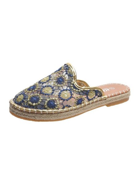 Women's Floral Embroidered Mesh Panel Straw Sole Mules, Dark blue, Slippers