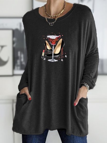Loosen Casual Painted Printed Cotton Blends Off Shoulder Long Sleeve T-shirt, Black, T-Shirts