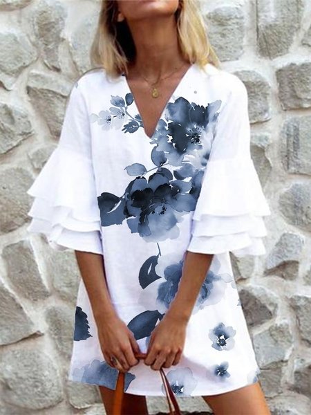Floral Print Frill Sleeve Casual V Neck Mini Short sleeve Women Dress, White, Mini Dresses