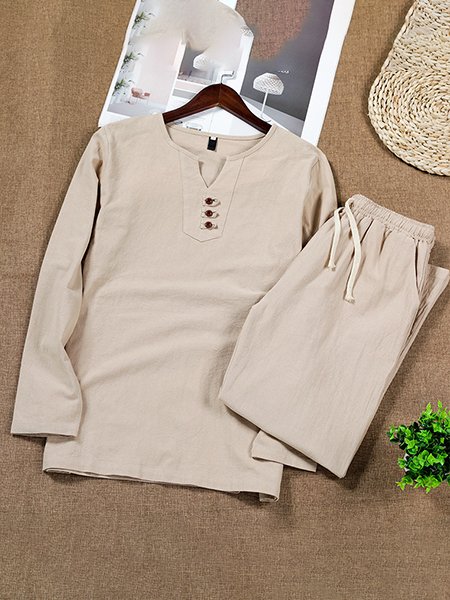 Linen Vintage Long Sleeve Suit, Apricot, Men's sets