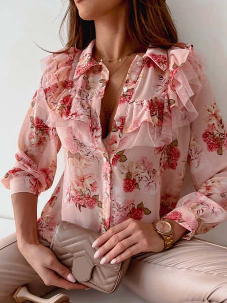 Casual Long Sleeve Shirt Collar Plus Size Printed Tops Blouses, Pink, Blouses & Shirts