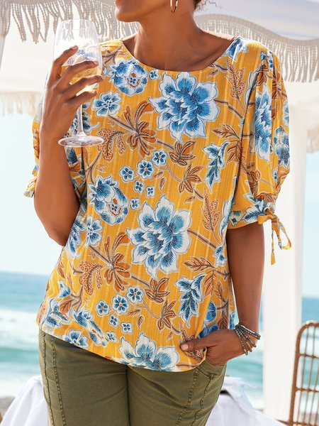 Orange Floral Print Holiday Casual Round Neck Half Sleeve Short sleeve tops, Tops