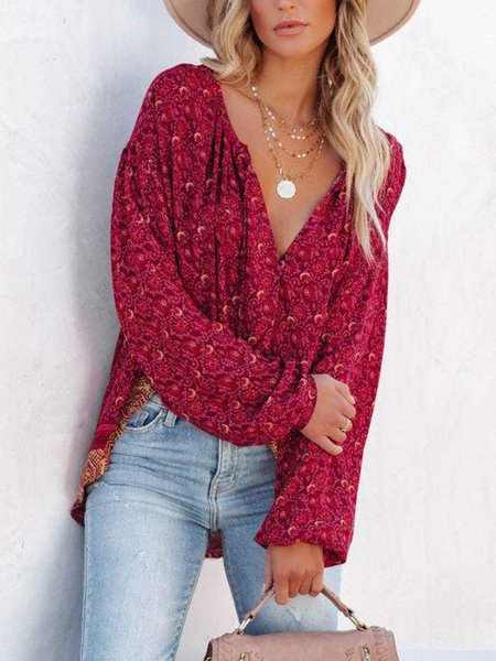 Casual Long Sleeve V Neck Plus Size Printed Tops, Red, Tops