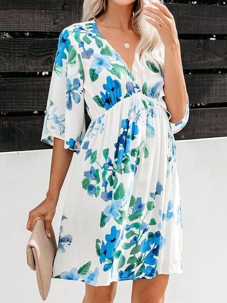 Floral V Neck Loosen Casual Dresses, Blue, Mini Dresses