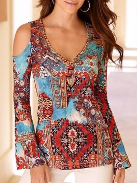 V Neck Boho Shirts & Tops, Multicolor, T-Shirts
