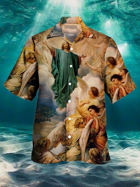 Men's Easter Print Casual Breathable Short Sleeve Hawaiian Shirt, Green, Men's Floral shirt
