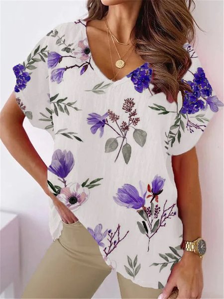 Holiday Casual Short Sleeve Floral Printed V-neck T-Shirts, White, Tees & T-shirts
Holiday Casual Short Sleeve Floral Printed V-neck T-Shirts, White, Tees & T-shirts