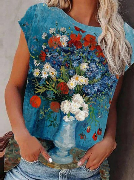 Floral Loosen Crew Neck Short Sleeve T-shirt, Blue, T-Shirts