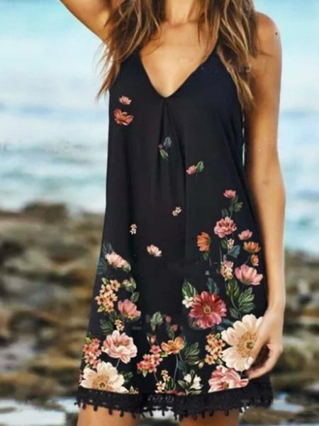 Floral Romantic Loosen V Neck Midi Short Sleeve Knit Dress, Black, Mini Dresses