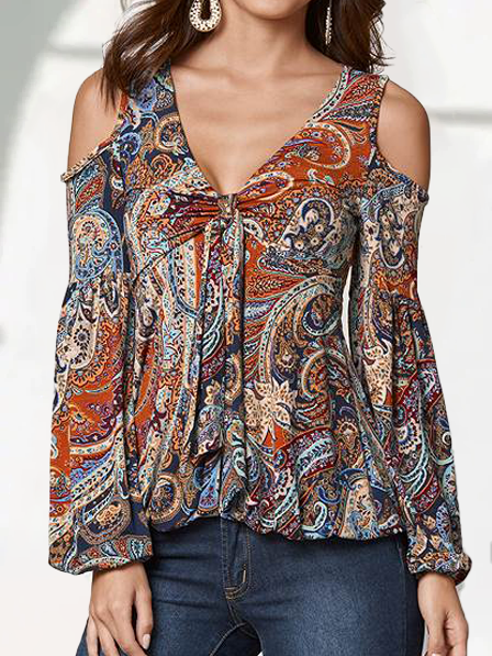 V Neck Boho Paisley Long sleeve tops, As picture, Tops