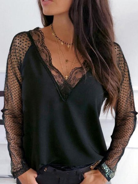 Plain Party Loosen v neck long sleeve Long sleeve tops, Black, Long sleeve tops