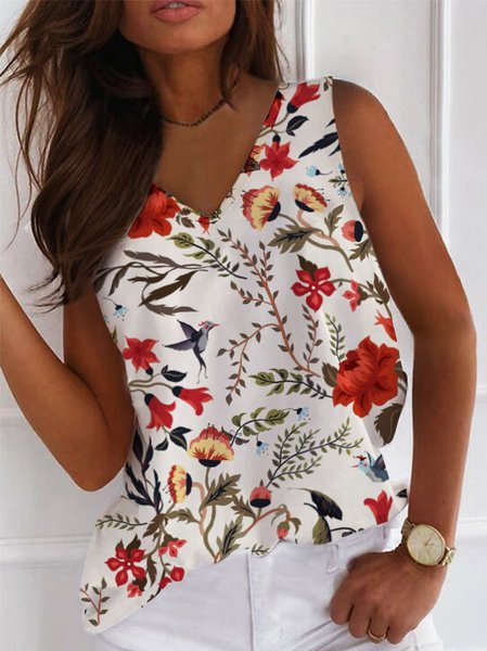 Regular Fit Casual Cotton Blends Floral Bird Vests, White, Tanks & Camis