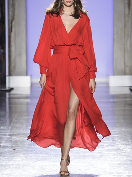 Elegant V Neck Solid Formal Dress, Red, Maxi Dresses