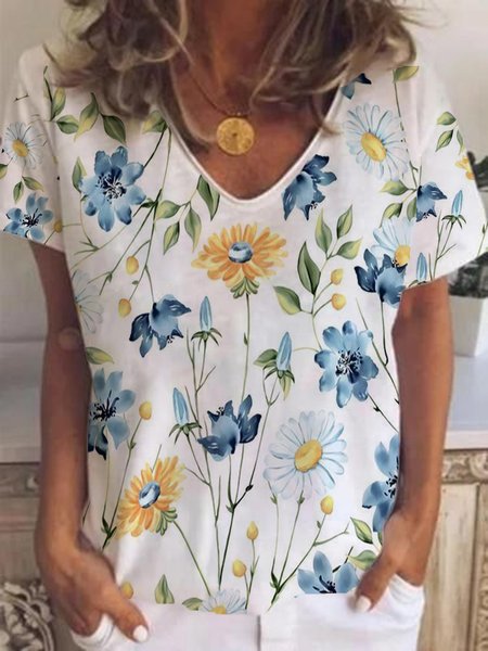 Floral V Neck Casual Short Sleeve Loosen Short Sleeve T-shirt, White, T-Shirts