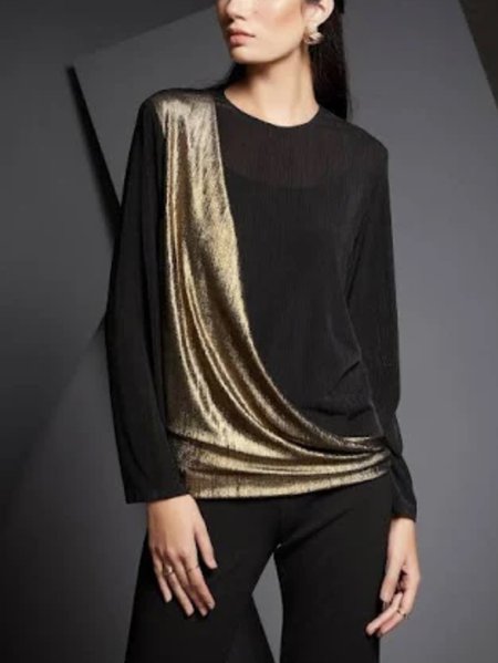 Regular Fit Color-block Long Sleeve Top, Black, Tops