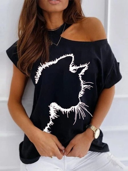 Loosen One Shoulder Casual animal Cat short sleeve Shirts & Tops, Black, T-Shirts
Loosen One Shoulder Casual animal Cat short sleeve Shirts & Tops, Black, T-Shirts