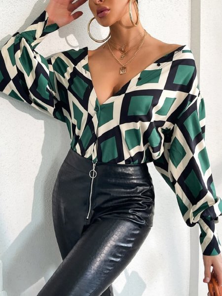 Elegant Regular Fit Puff Sleeve Geo Shirt, As picture, Blouses and Shirts