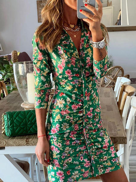 V Neck Long sleeve Knit Dress, Green, Mini Dresses