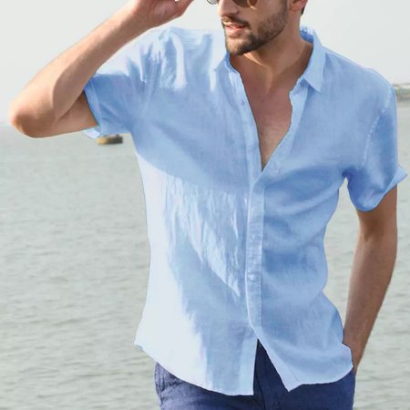 Solid Color Casual Cotton Linen Shirt, Sky blue, Shirt