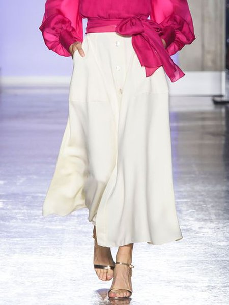 Daily Simple Solid Buttoned A LineA Skirt, White, Maxi Skirts