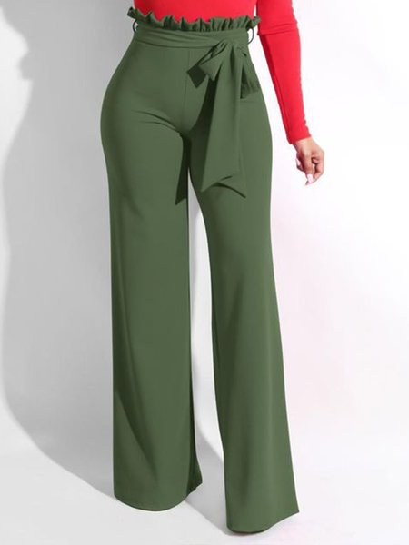 Elegant Solid Flouncing Wide Leg Pants, Green, Wide Leg Pants