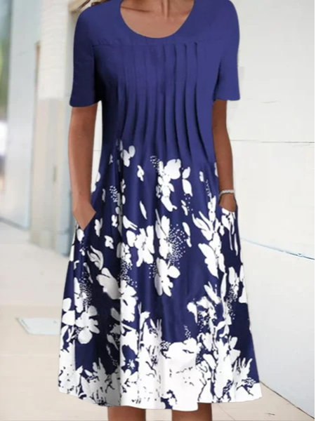 Vacation Floral Dresses, Blue, Midi Dresses